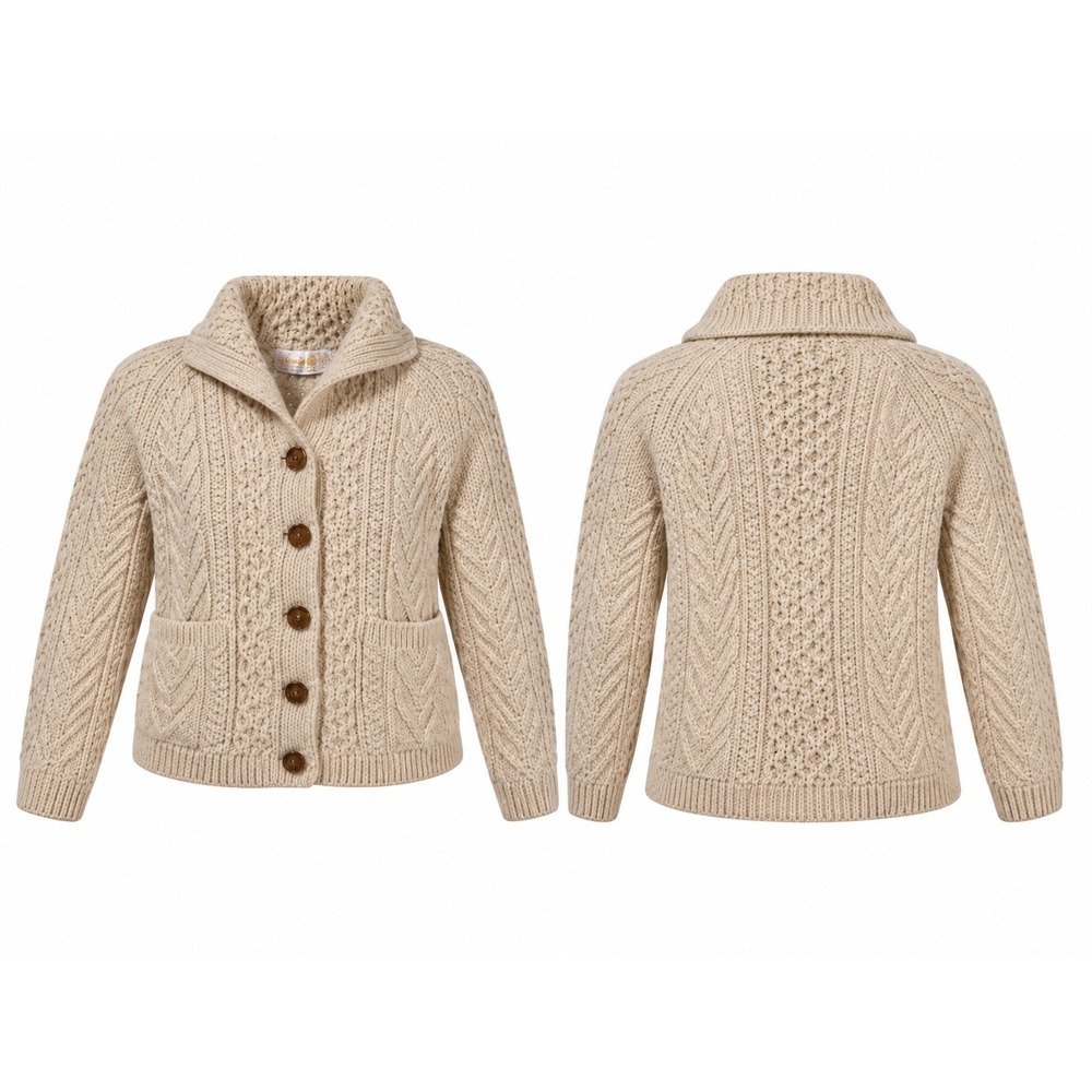 Vtg. Corakeel Handknits Ireland Pure Virgin Wool Aran Cable Knit Cardigan Cream